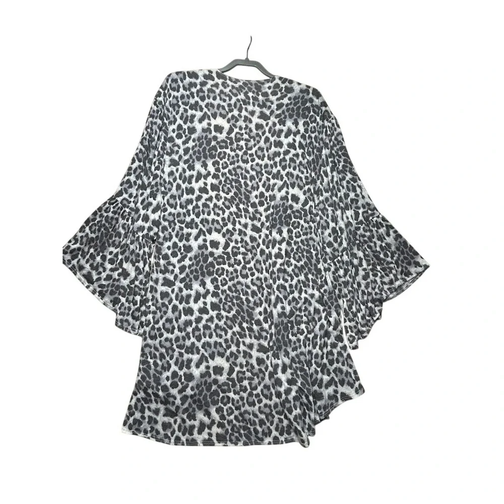 Grey Leopard Print Open Front Cardigan Ruffle Bell Sleeve Plus Size 3XL